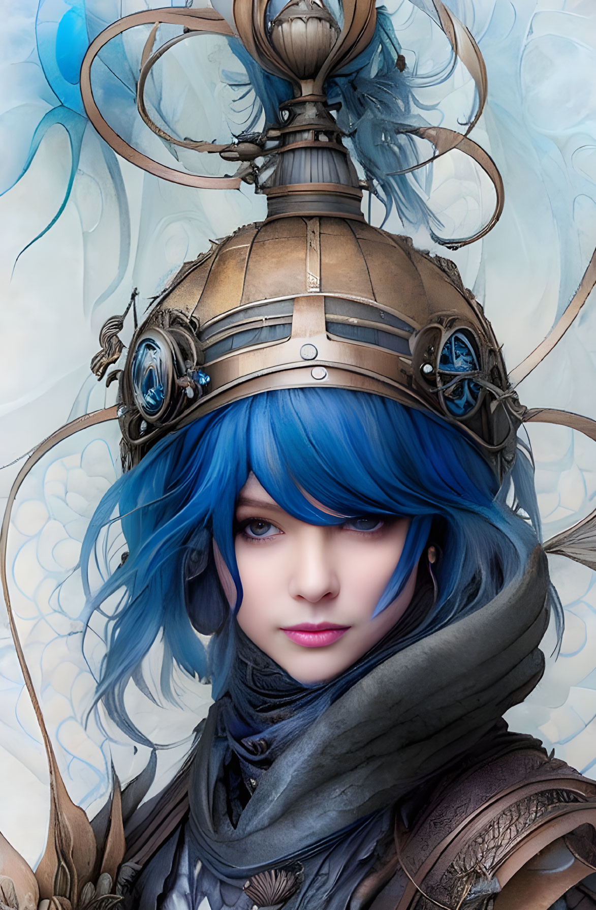 Vibrant blue-haired female character in steampunk helmet artwork