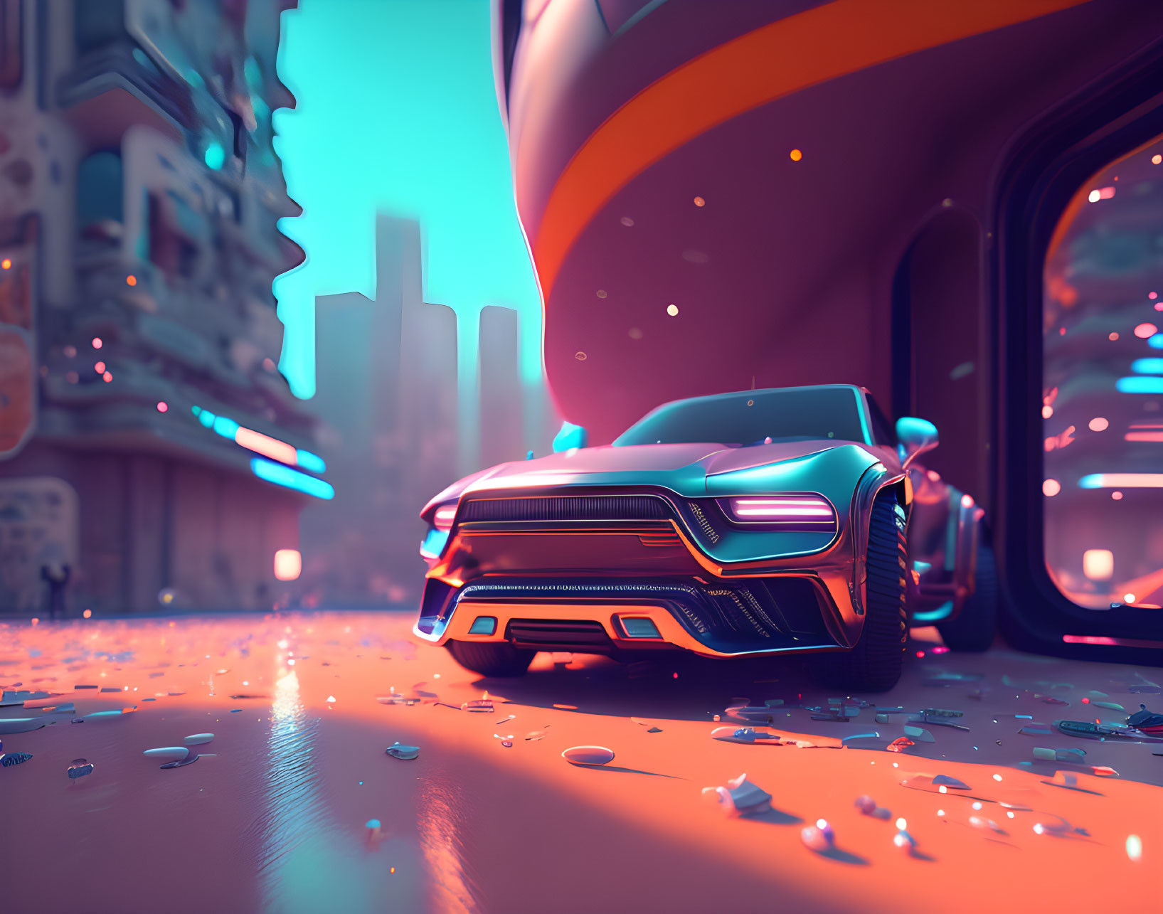 Futuristic car with neon lights in city street scene at twilight