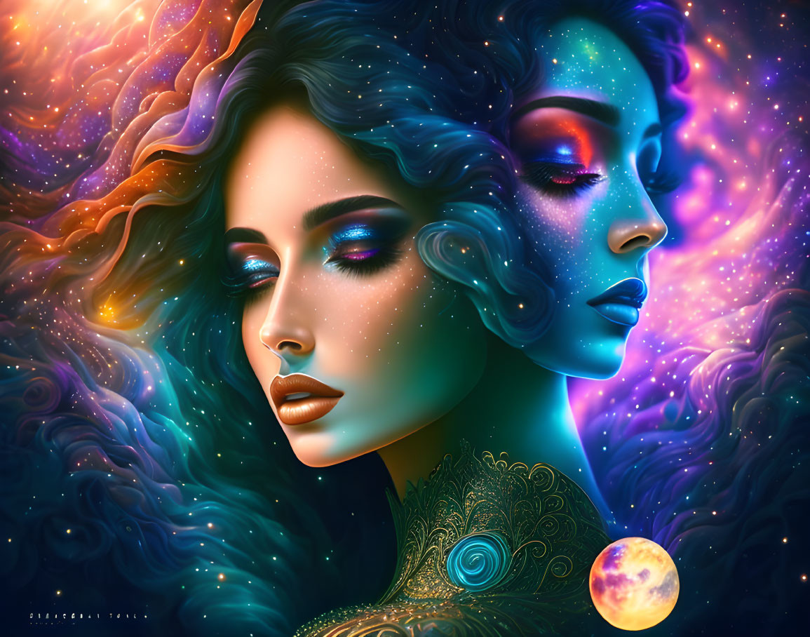 Celestial-themed digital artwork of two stylized female faces.