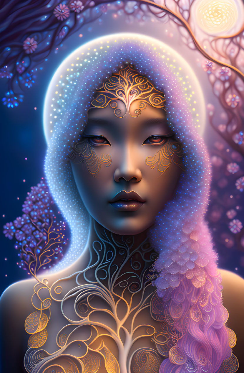 Illustrated portrait of mystical woman with golden tattoos, glowing skin, night scene, moon, and bloss