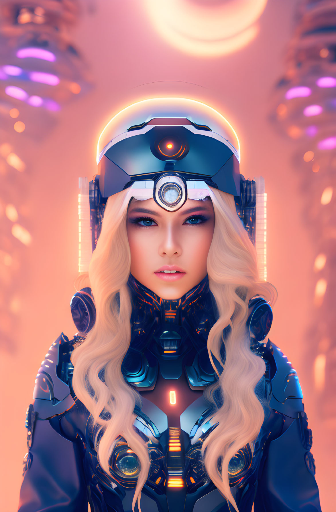 Blonde-Haired Female Character in Cybernetic Armor under Pink Lighting