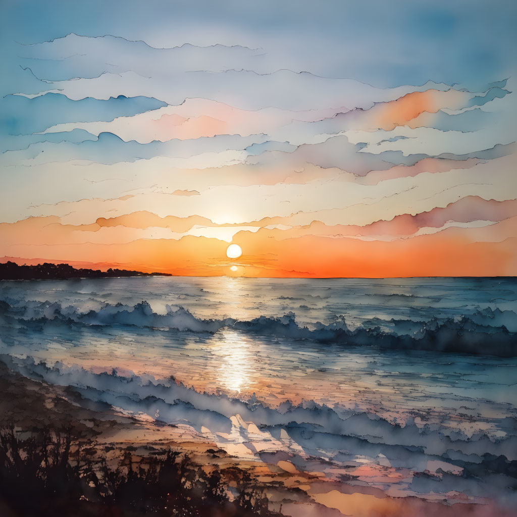 Vibrant sunset watercolor painting of sea waves under layered sky