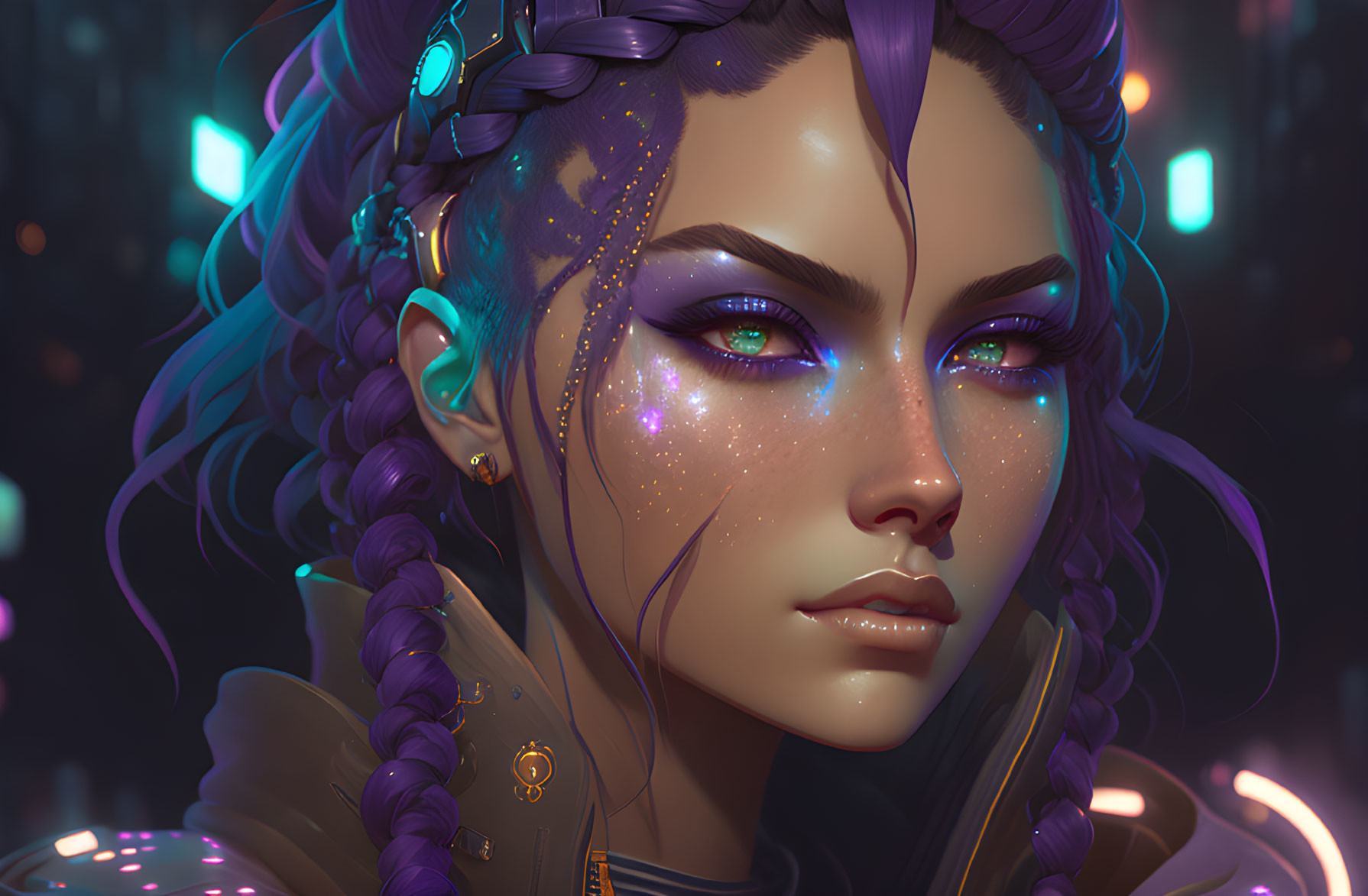 Purple-skinned woman with galaxy makeup and braided hair in neon-lit setting