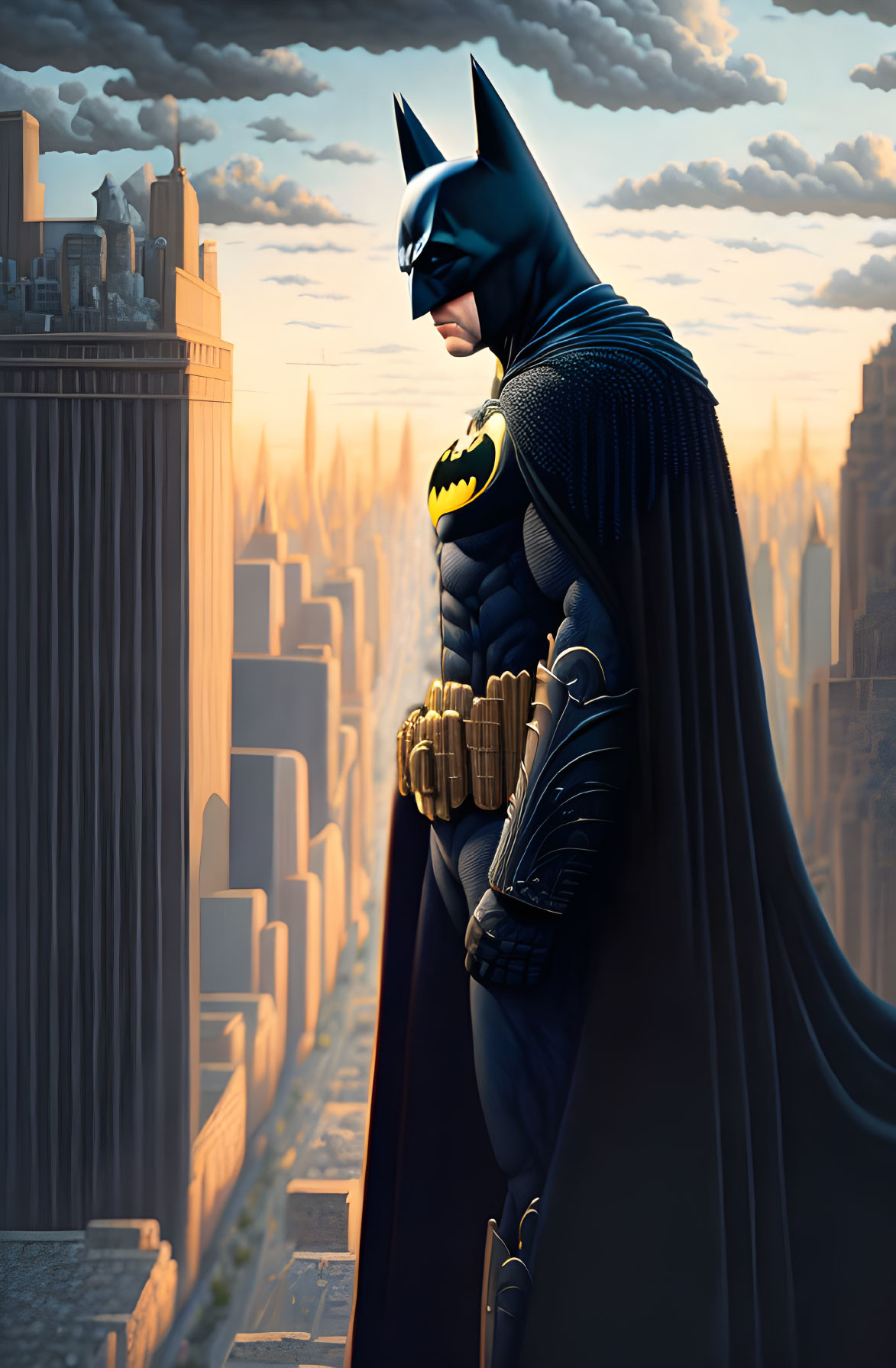 Superhero overlooks Gotham City skyline at sunset