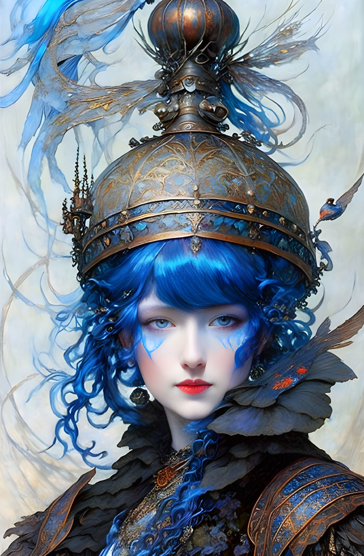 Vibrant blue hair and ornate bird helmet on female figure