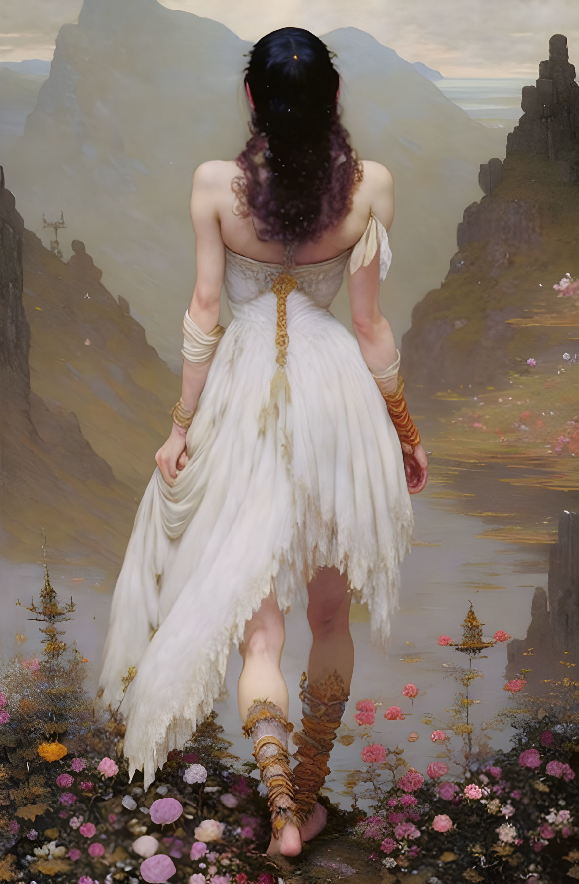 Woman in white dress with gold accents in dreamy landscape.