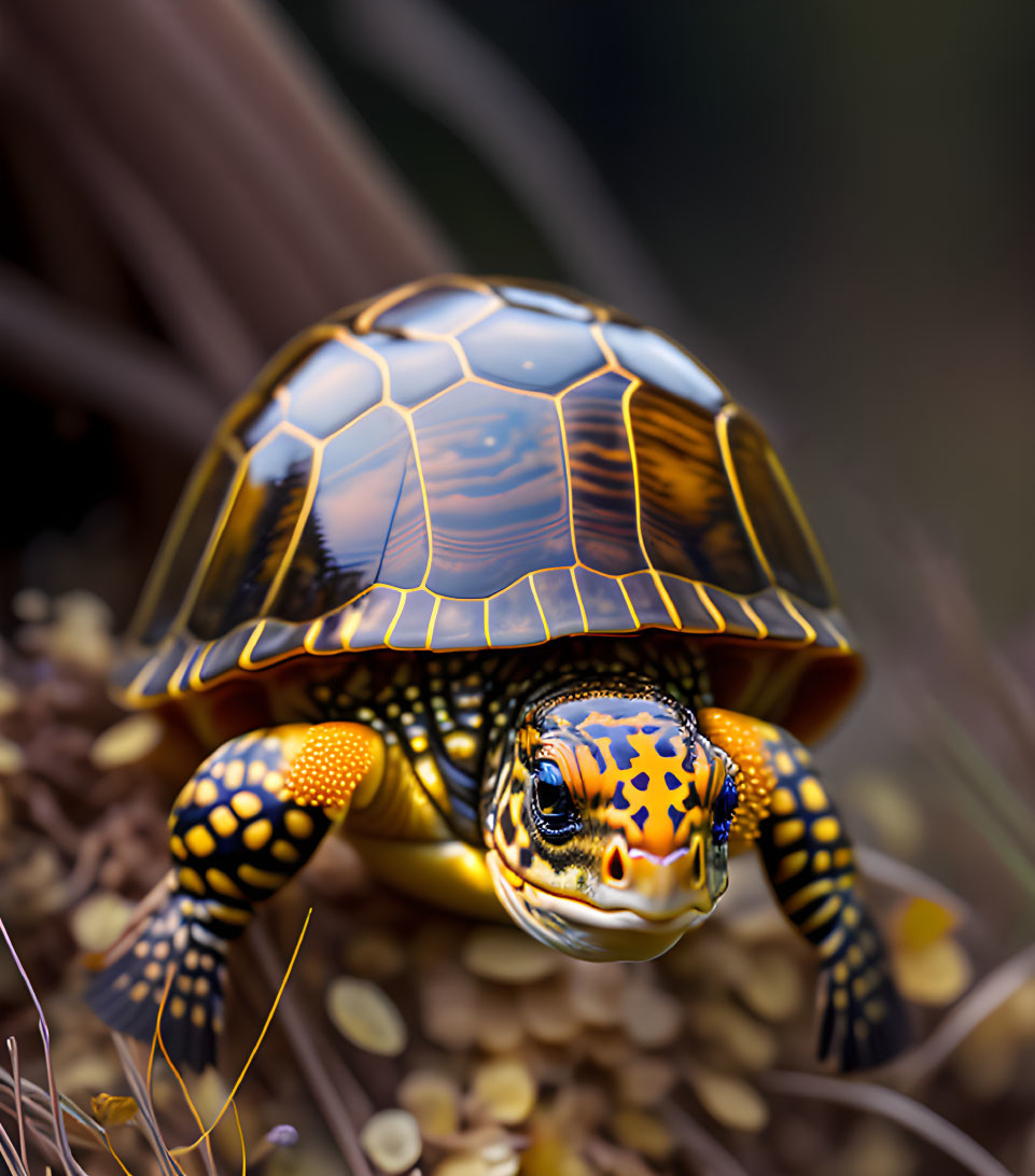 Colorful Turtle with Shiny Shell in Fallen Leaves