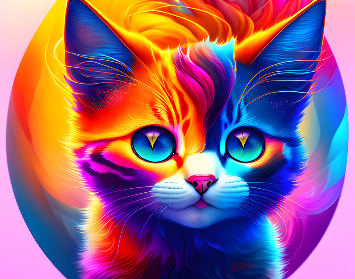 Colorful digital artwork: Cat with neon blue eyes and fiery mane on gradient background