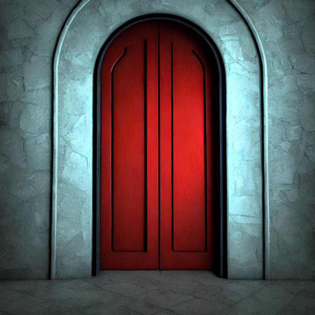 Stone wall with arched wooden double door under blue light