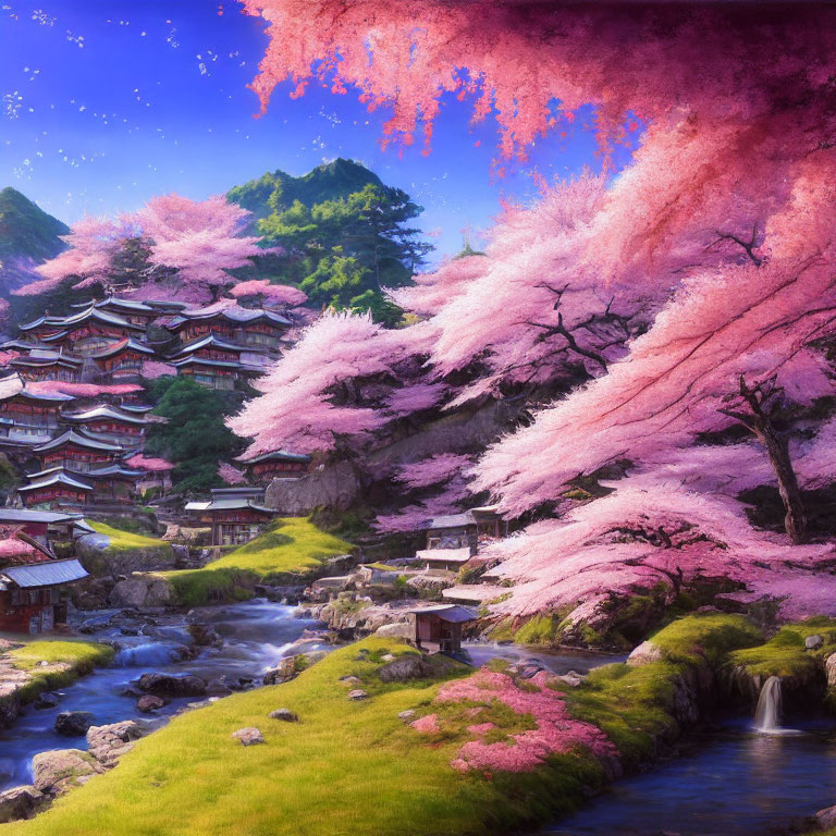 Traditional village with cherry blossoms and waterfall landscape.