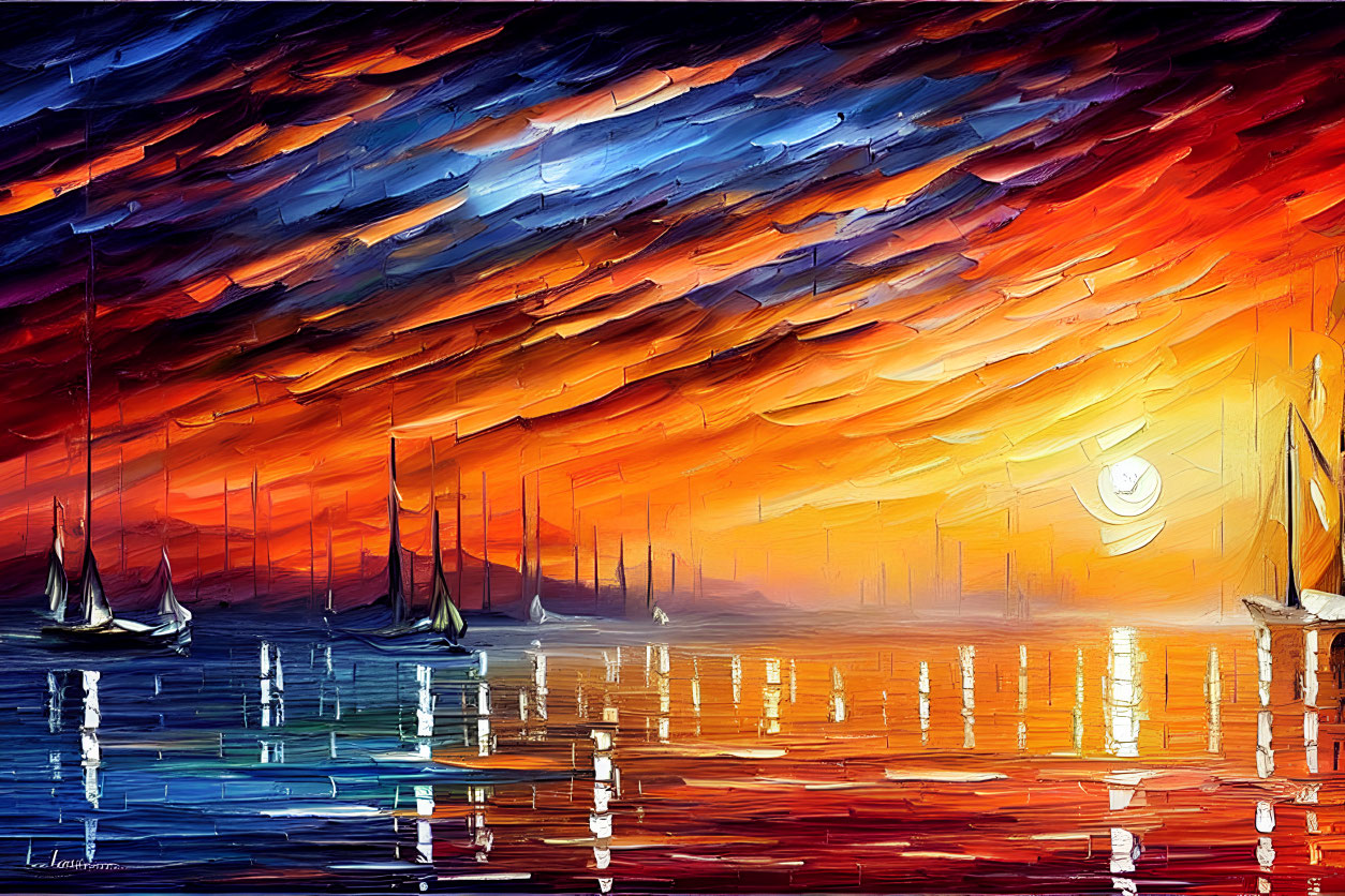 Colorful sailboats painting under dramatic sunset sky.