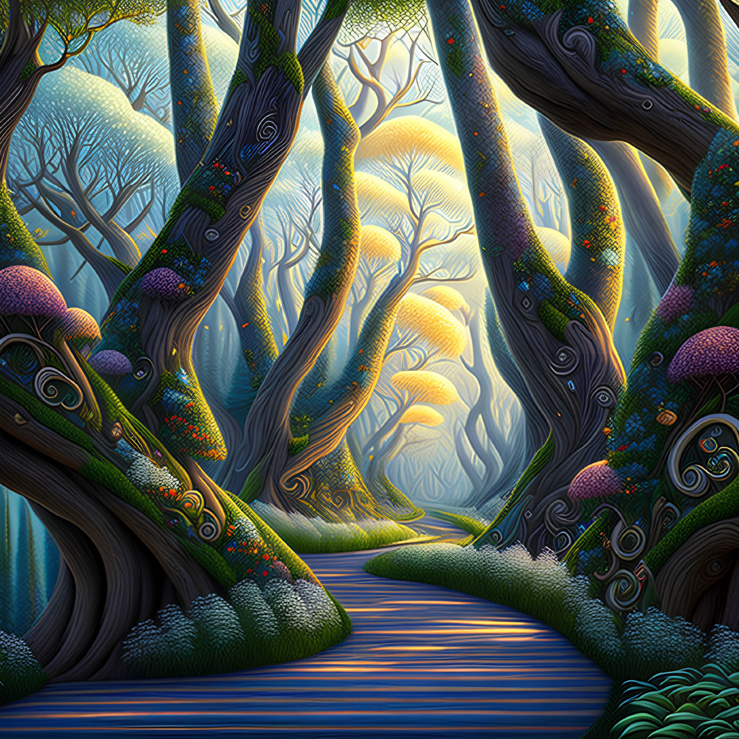 Enchanted forest with twisted trees, cobblestone path, blooming flowers, and luminous