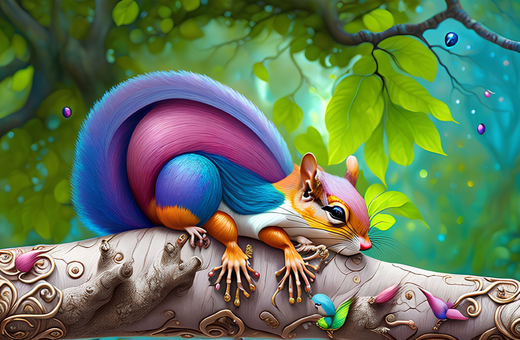 Colorful Stylized Squirrel on Ornate Branch in Fantastical Forest