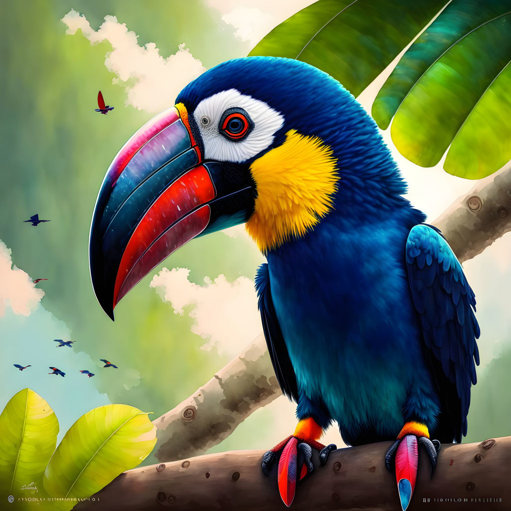 Colorful toucan digital art on branch with cloudy sky