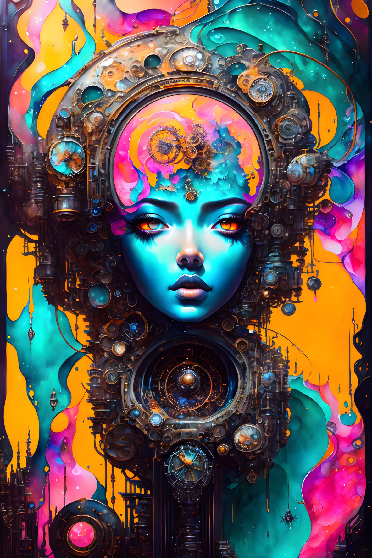 Female figure with blue skin and mechanical elements in colorful digital artwork