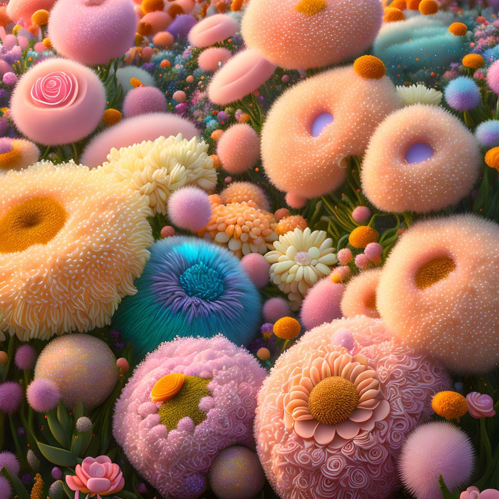 Colorful Whimsical Garden with Fluffy Flowers in Pastel & Neon