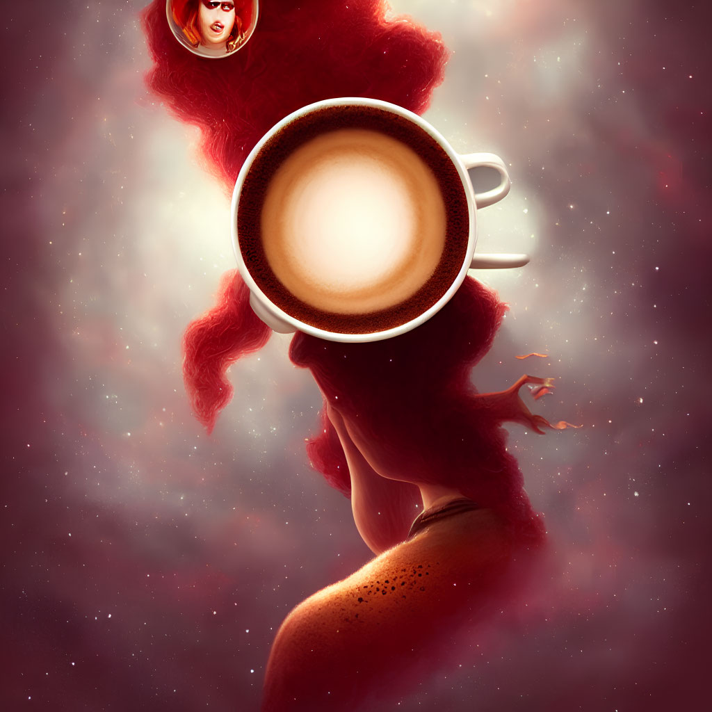 Surreal red-haired woman blending into cosmic backdrop with coffee cup