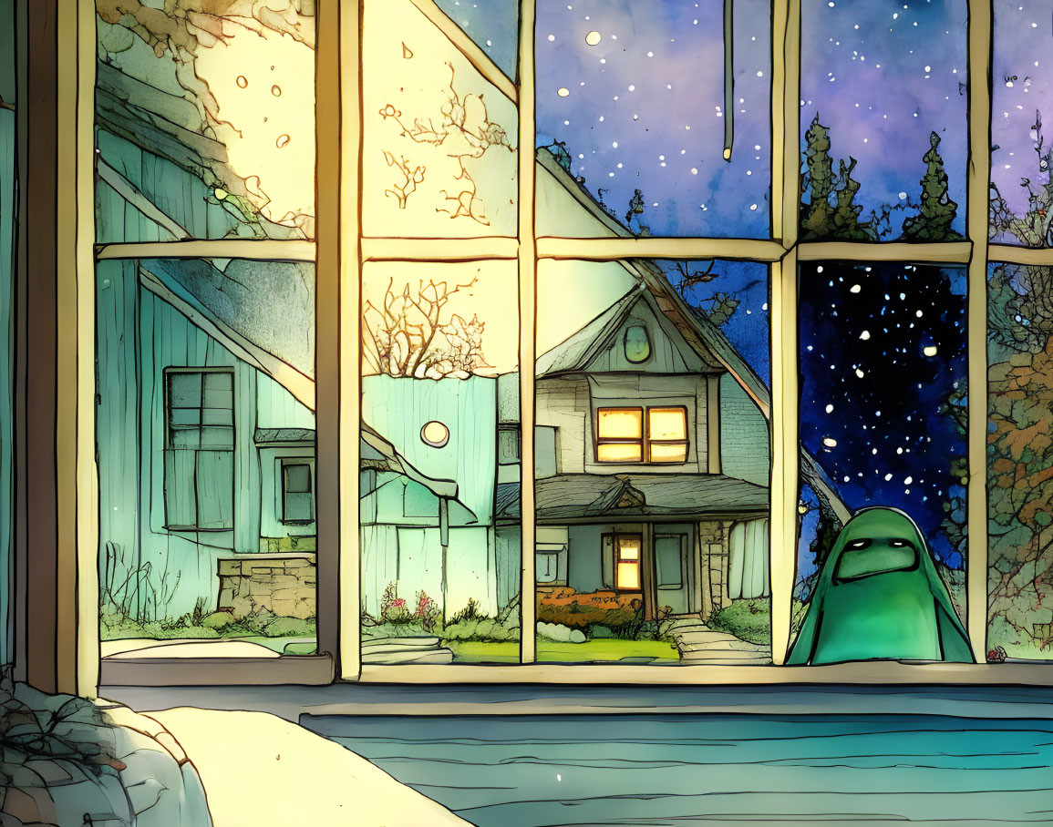 Vibrant illustration of creature at window overlooking starry night