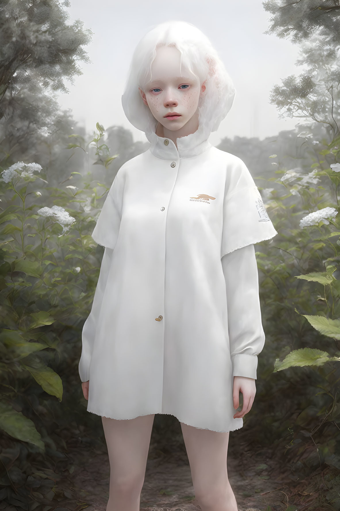 Pale figure with white hair in misty forest wearing white coat