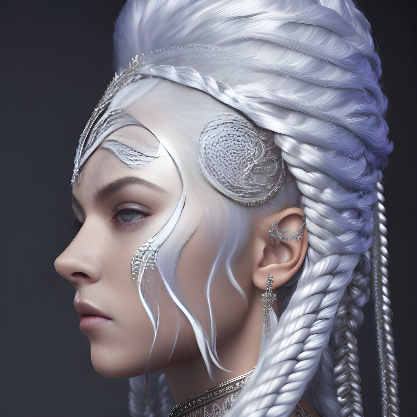 Elaborate fantasy makeup with silver headpiece and white braided hair