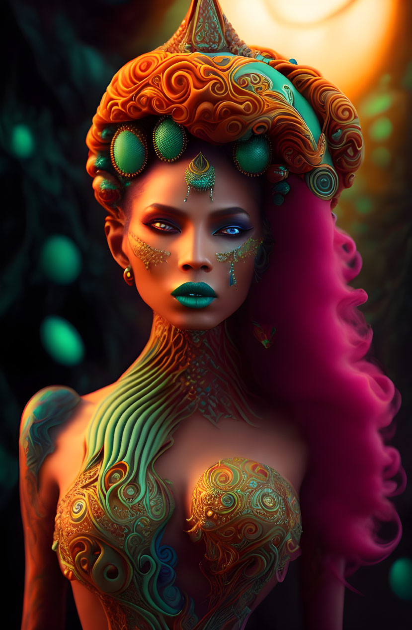 Vibrant digital artwork of woman with golden body art and purple hair