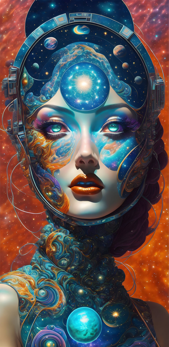 Digital artwork: Cosmic-themed woman in space helmet with celestial motifs on starry backdrop