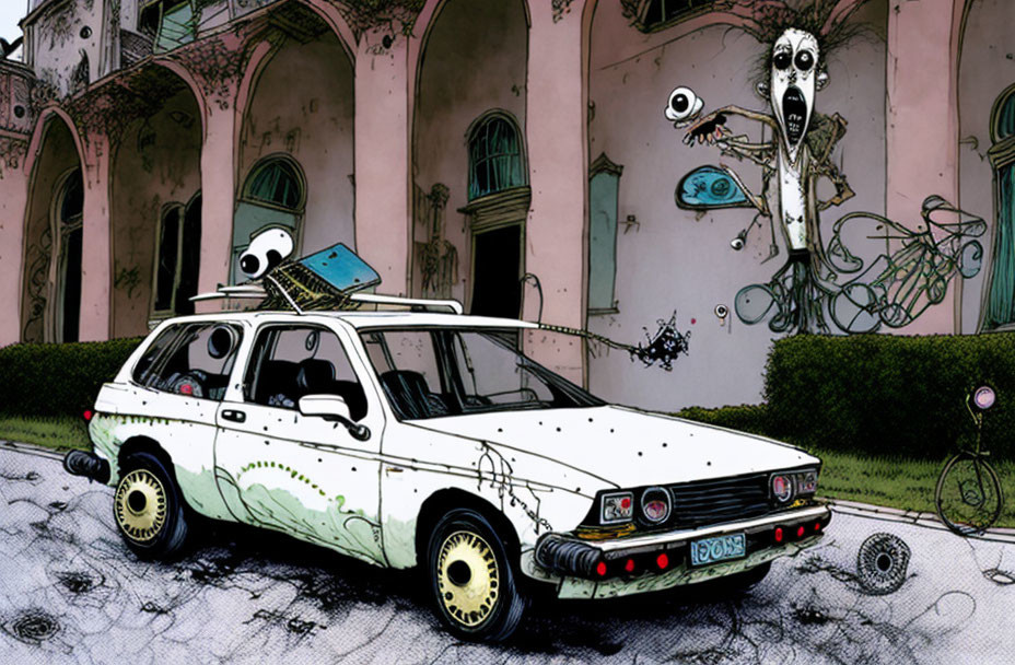 Stylized white hatchback car and surreal eye-covered creature illustration