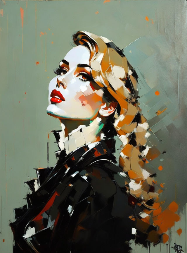 Blonde Woman Portrait with Red Lips and Abstract Color Splashes