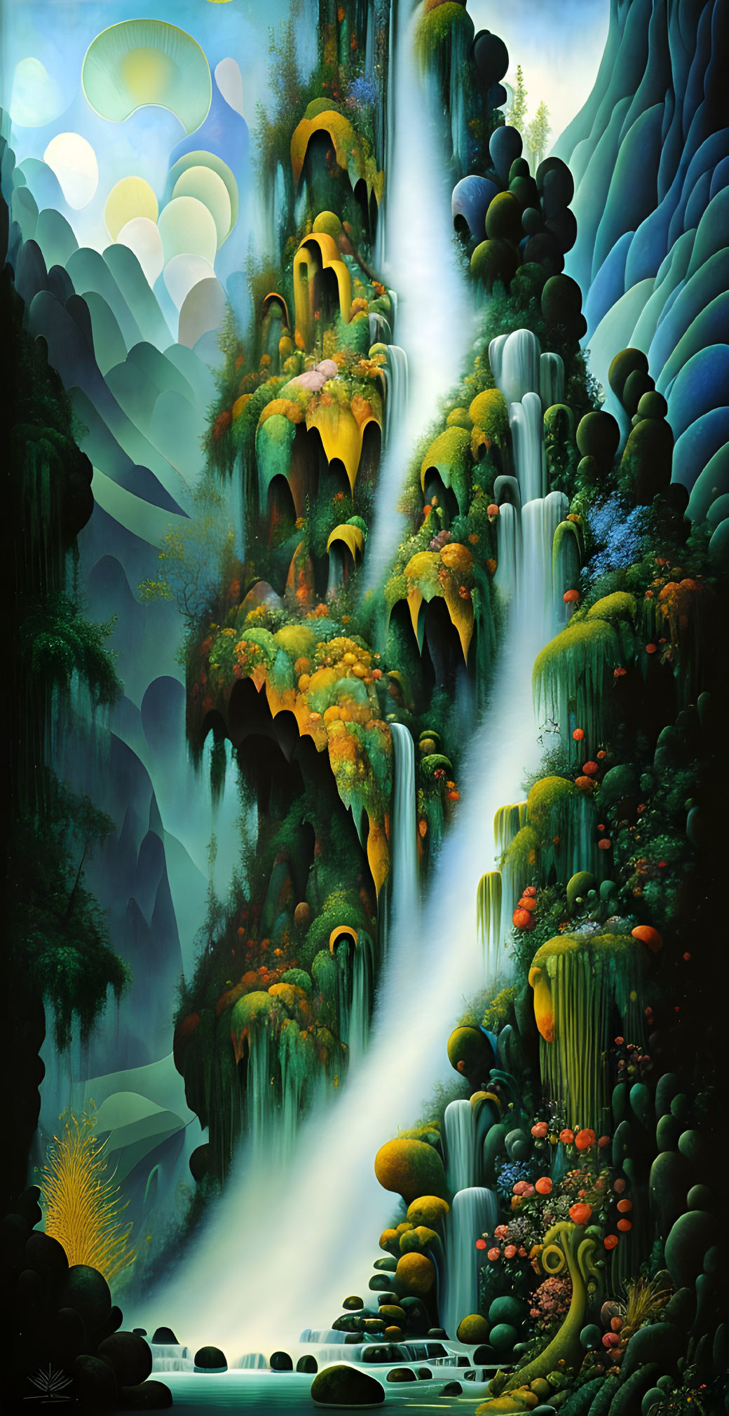 Colorful painting of luminous waterfalls in lush landscape