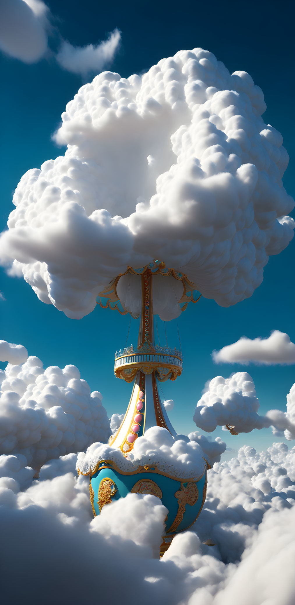 Surreal image: carousel on mushroom cloud in blue sky