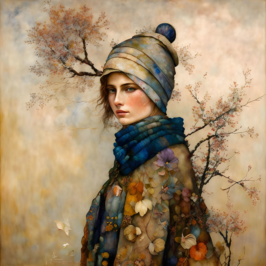 Portrait of Woman in Striped Headscarf & Floral Shawl in Autumn Scene