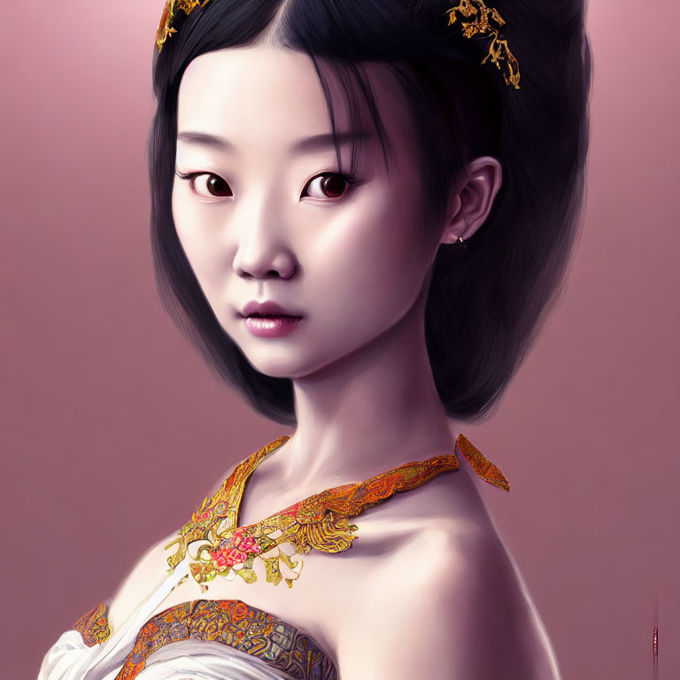 Digital portrait: Young woman with black hair and golden dragon design on shoulder