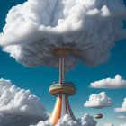 Surreal image: carousel on mushroom cloud in blue sky