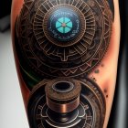 Detailed Steampunk Arm Tattoo with Gears and Blue Glow