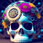 Decorative skull art with mechanical gears and purple flower on cogwheel backdrop