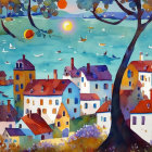 Whimsical illustration: Vibrant village, quirky houses, circular leaves, two moons