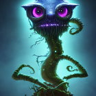 Colorful Owl-Like Creature with Purple Eyes and Tentacles on Starry Background