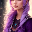 Digital artwork: Young woman with purple hair, blue eyes, golden jewelry, floral headpiece