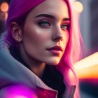 Vibrant pink-haired woman in futuristic cityscape.