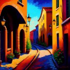 Colorful Stylized Painting: Cobblestone Street & Old Buildings