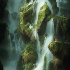 Colorful painting of luminous waterfalls in lush landscape