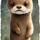 Anthropomorphic otter illustration in rain.