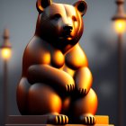 Glossy stylized sculpture of seated bear against warm glowing background