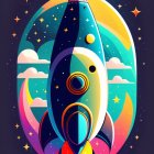 Retro-futuristic rocket soaring towards moon in starry sky