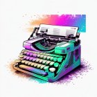 Colorful watercolor illustration of vintage typewriter with cosmic pattern and ink splashes.