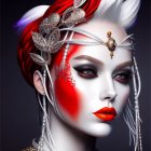 Digital artwork features woman in vibrant feathered headdress and cultural motifs