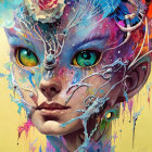 Colorful digital portrait with intense green eyes and abstract swirls.