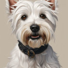 West Highland White Terrier in human-like posture with floral collar and purple shirt