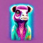 Colorful llama illustration with flower crown, neon jacket, and necklace on purple background