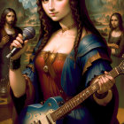 Digital artwork of woman with flowing hair holding guitar amidst golden and floral abstract elements